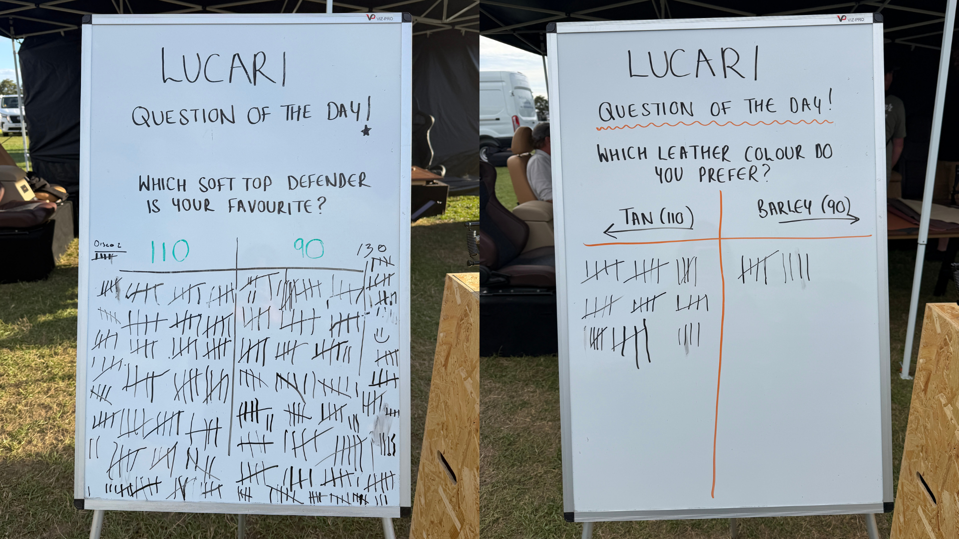 Two whiteboards from LUCARI's stand showing tally chart results for Question of the Day polls on favourite soft top Defender and leather colour.