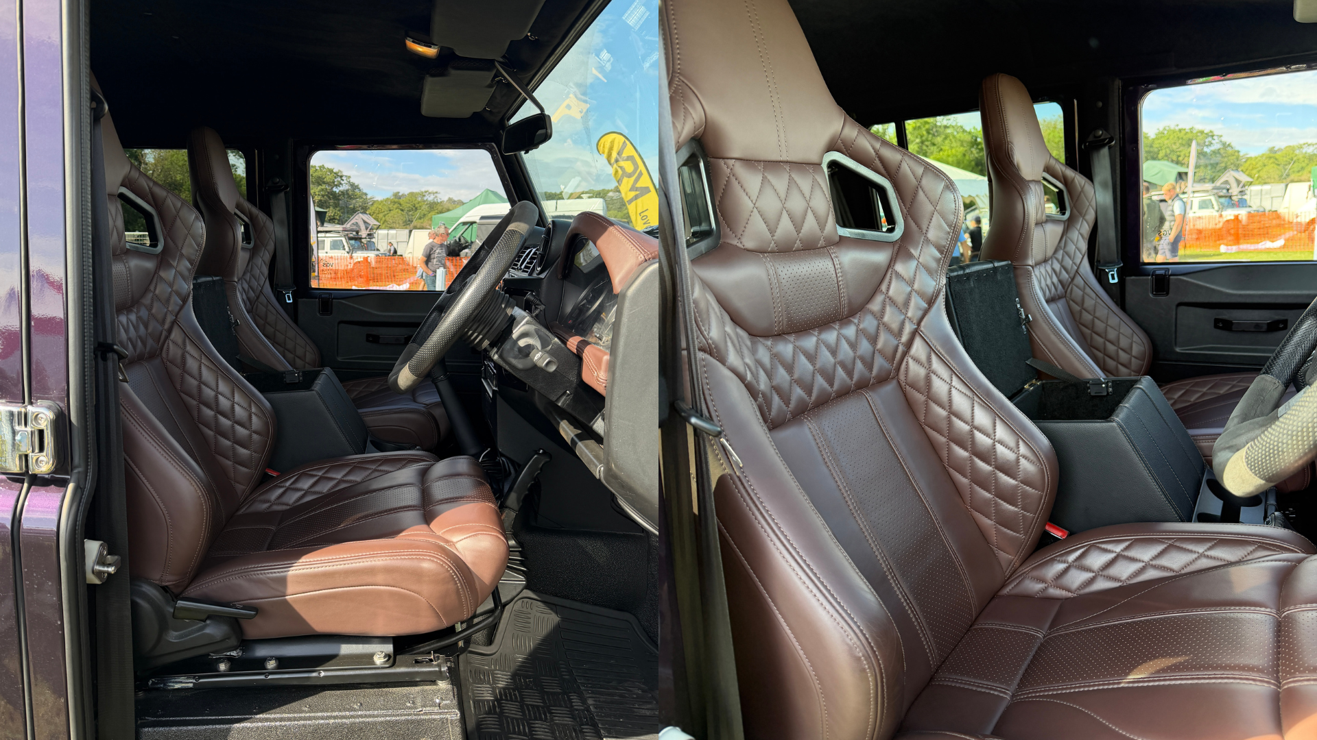 Split image of LUCARI Chocolate leather Defender seats in quilted design inside a show vehicle.