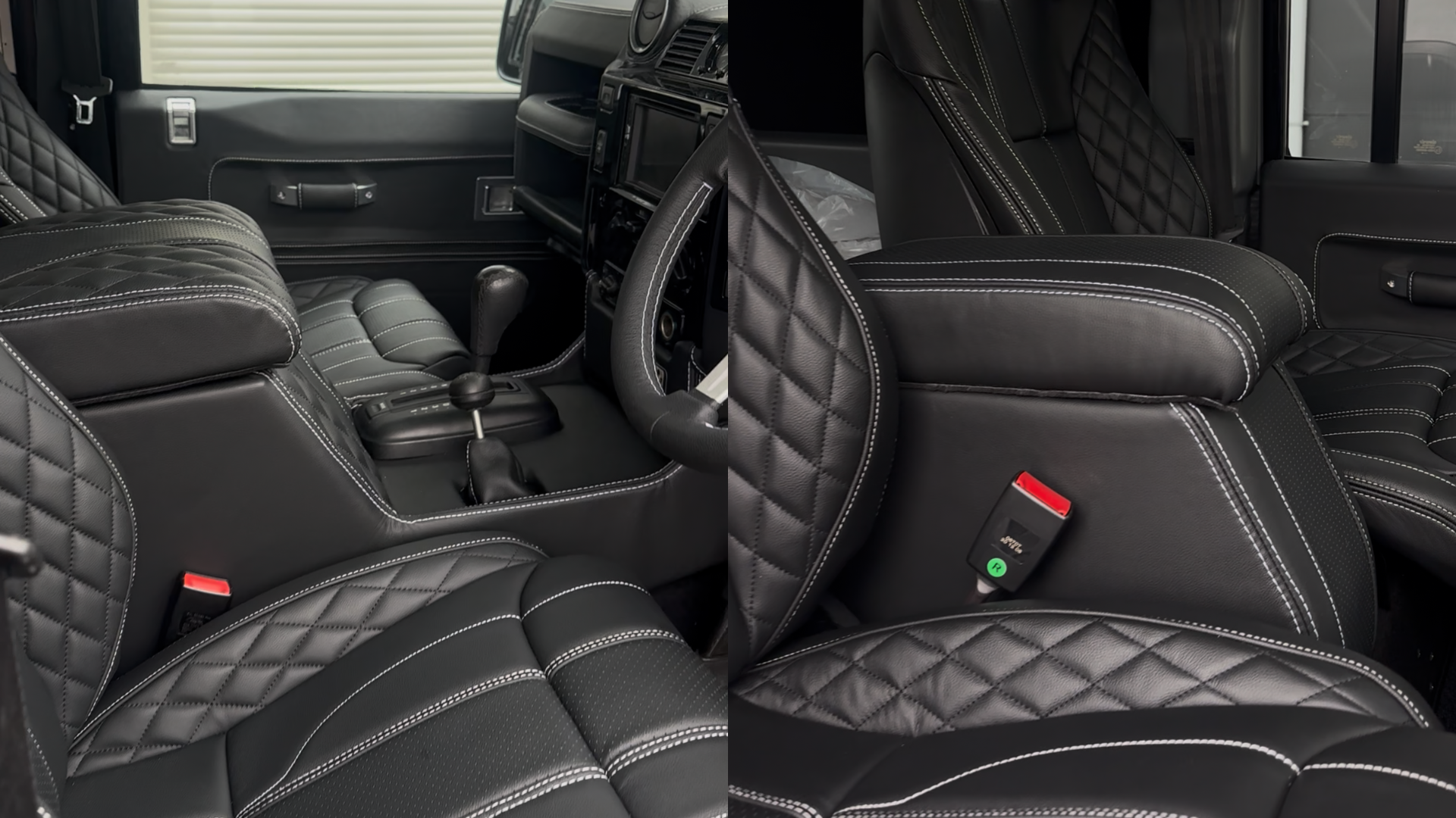 Side by side comparison of quilted black leather front and rear seats in a Defender cabin