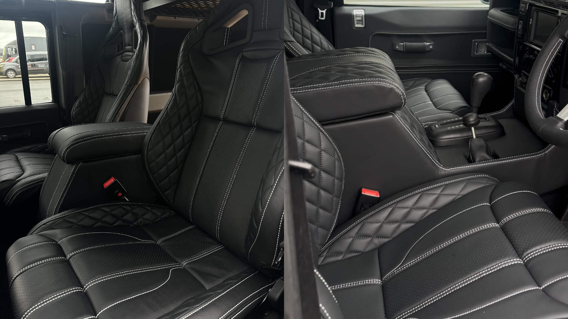 Side by side comparison of quilted black leather front and rear seats in a Defender cabin with red seatbelt buckles