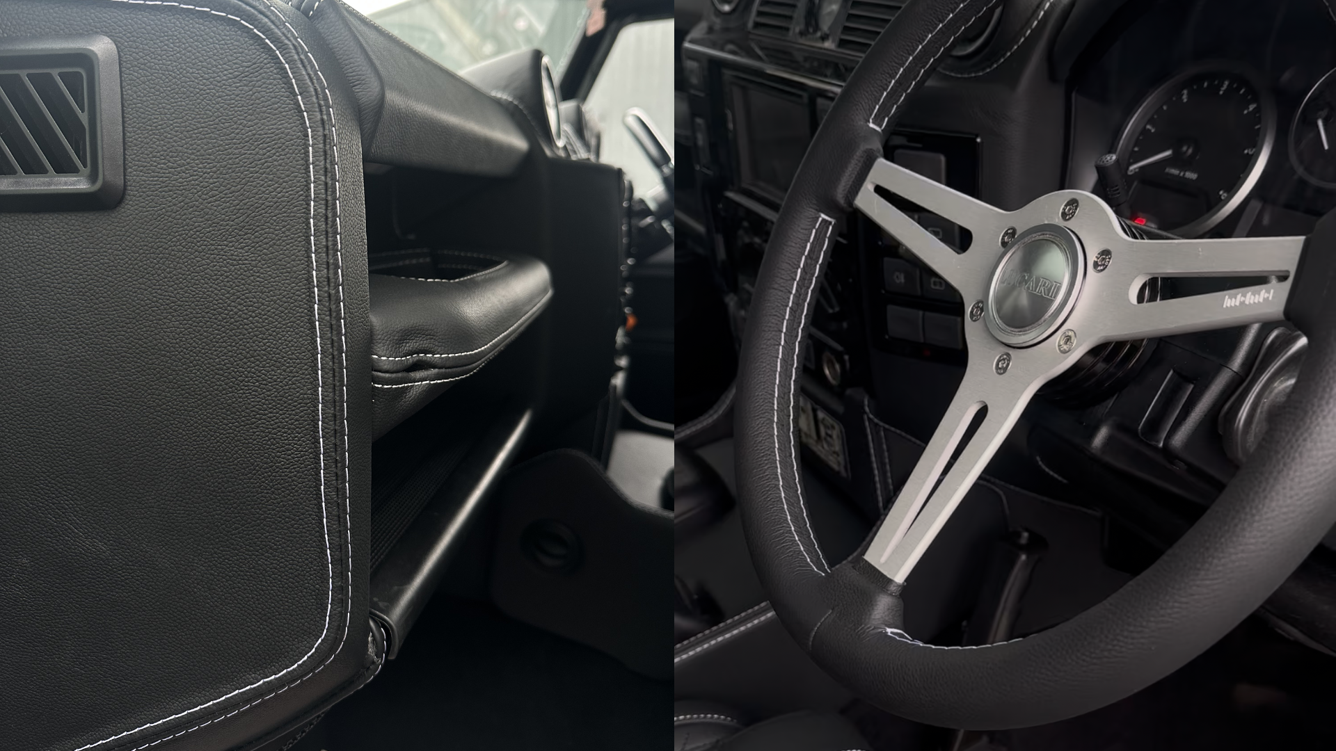 Side by side comparison of a stitched leather door panel and a branded three spoke steering wheel in a Defender cabin