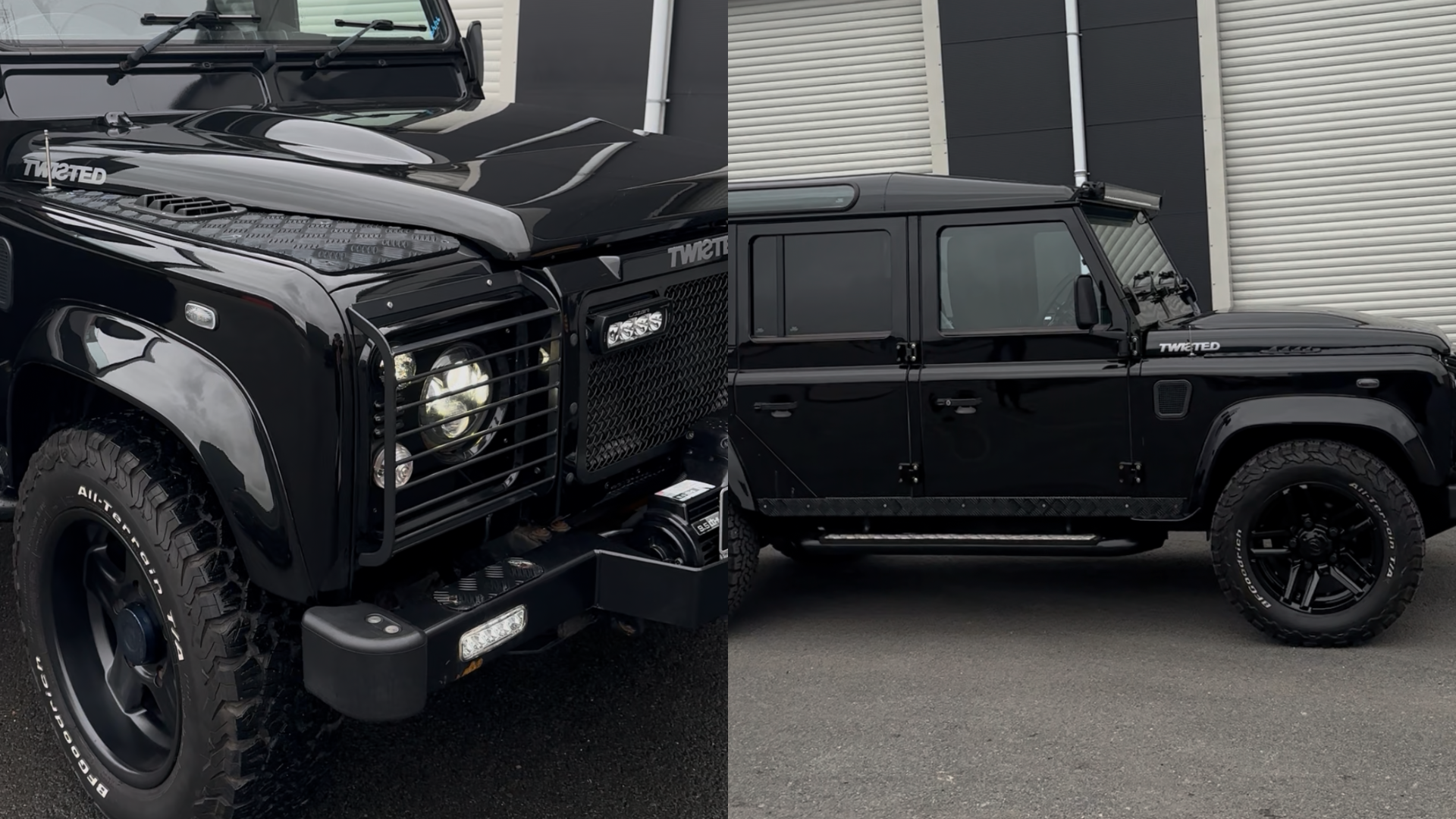 Side by side comparison of a Defender's front grille with driving lights and its side profile
