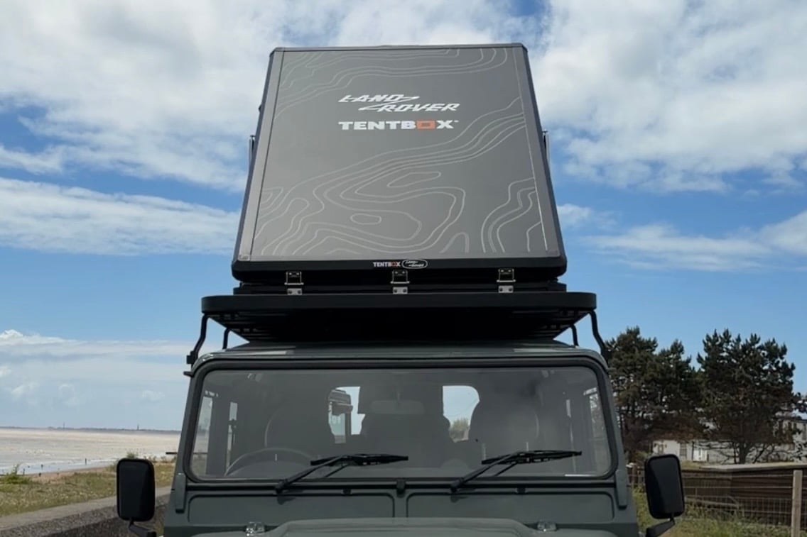 TentBox Cargo, Land Rover edition, on a Defender 110 fitted with a LUCARI Defender 110 Roof Rack